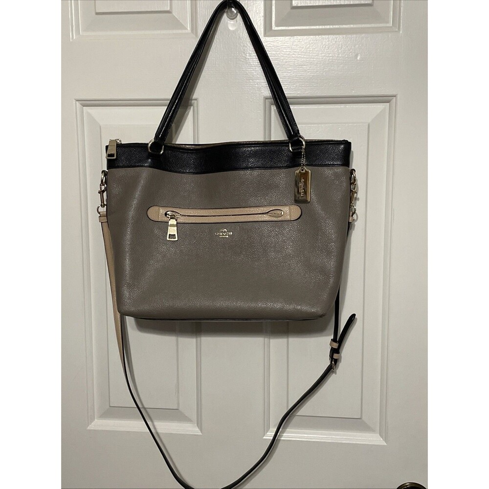 COACH Tyler Carryall Crossbody Bag Colorblock Black Gray Cream Leather Gold
